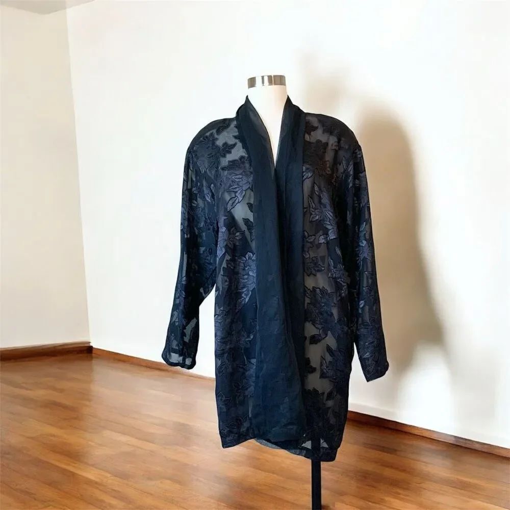 Vintage Victoria’s Secret Burnout Floral Rose Black Kimono Robe Bath Large